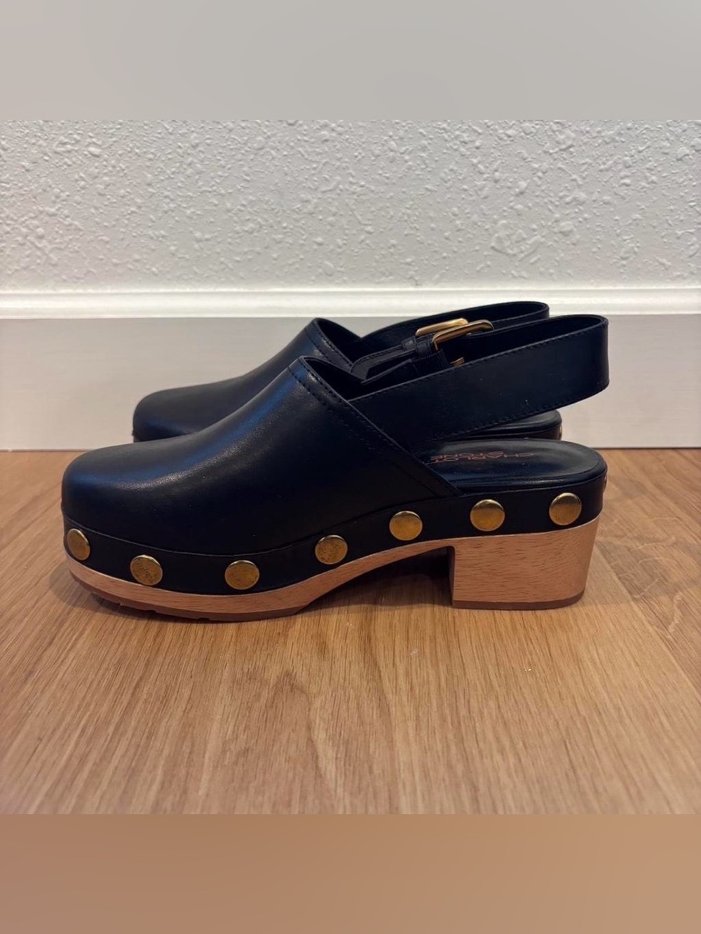 Charlotte Stone: Black Leather Slingback Clog with Gold Stud Accents size 6